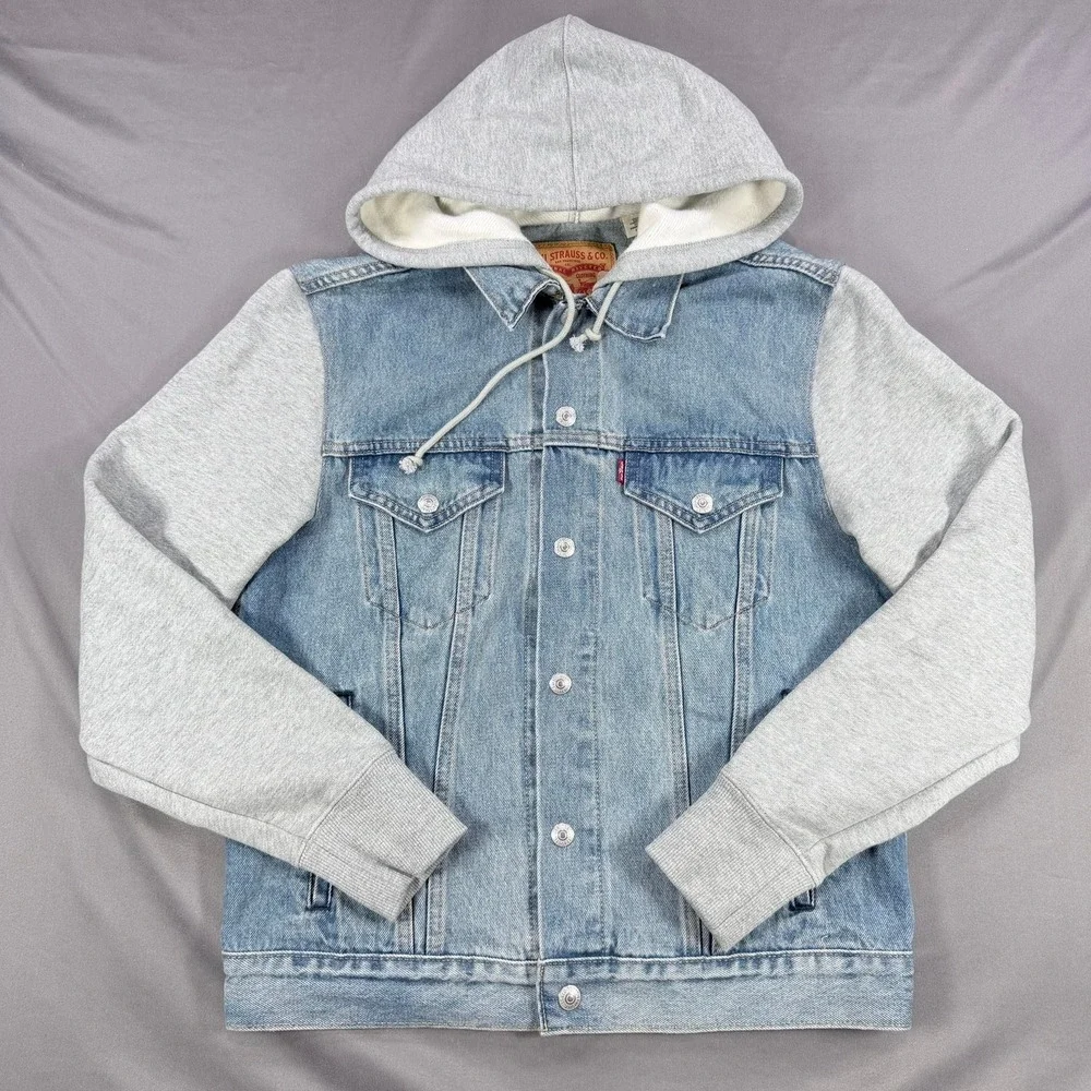 Levi's Mens S Blue Cotton Denim Relaxed Hybrid Trucker Jacket Grey Jersey Hooded